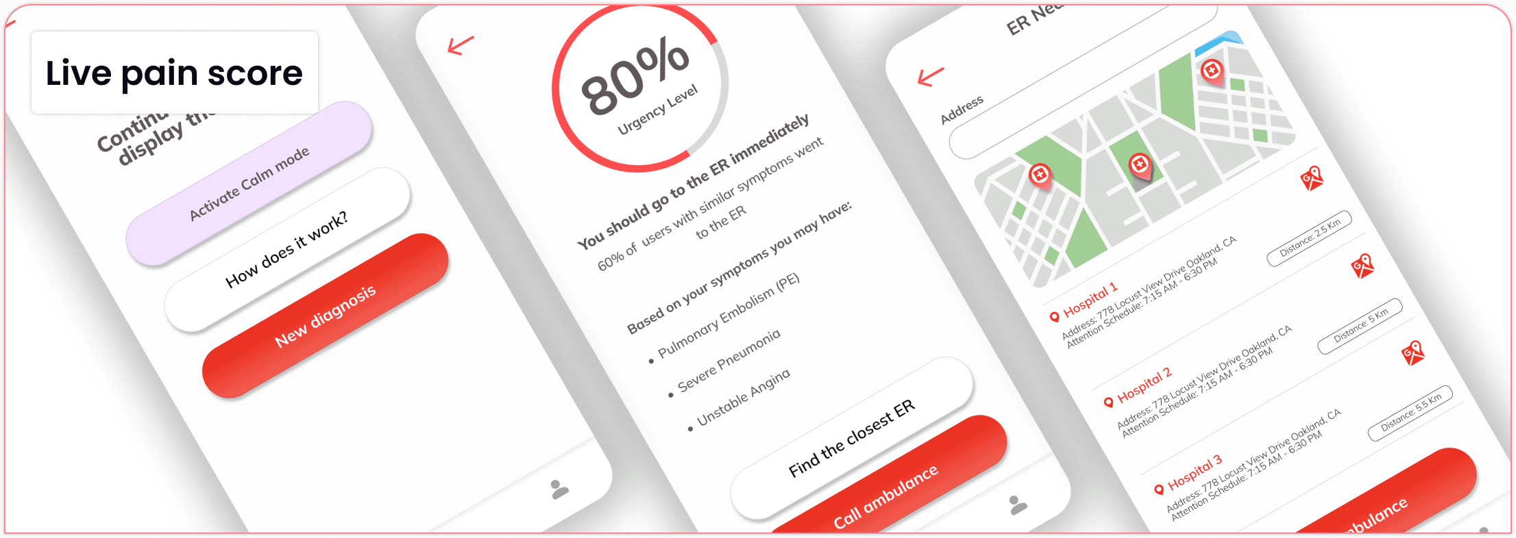 Live pain score screens: an 80% urgency score, a recommendation and nearby ERs on a map