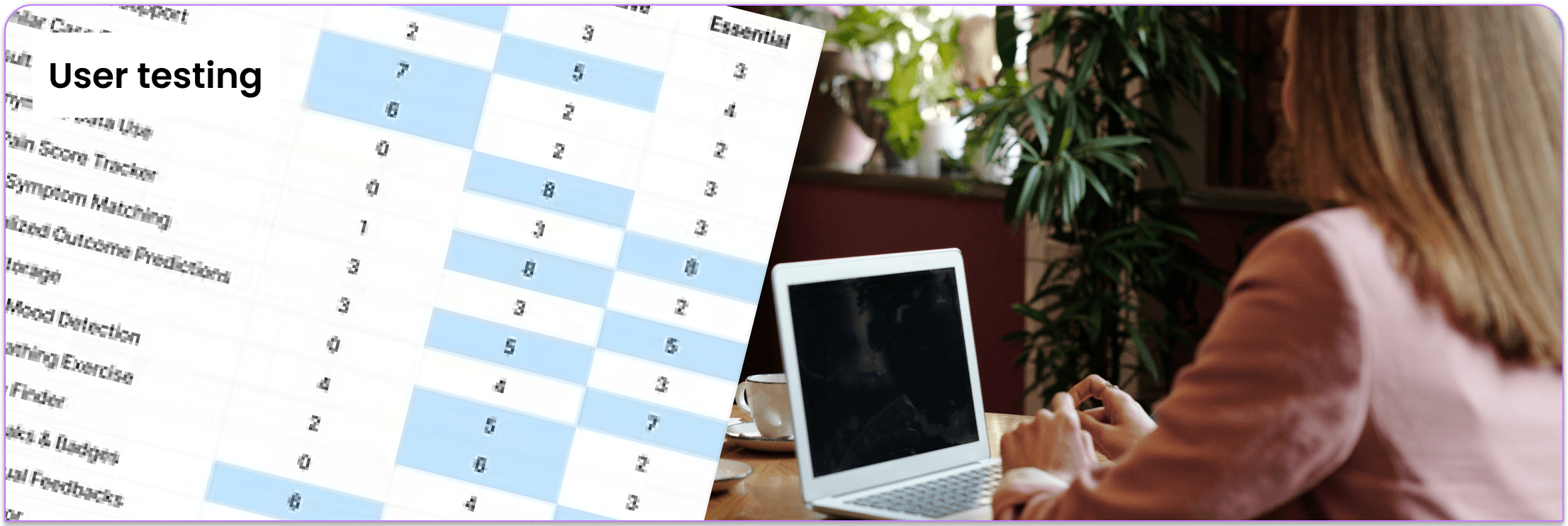 Card sorting results table next to a participant testing the prototype on a laptop