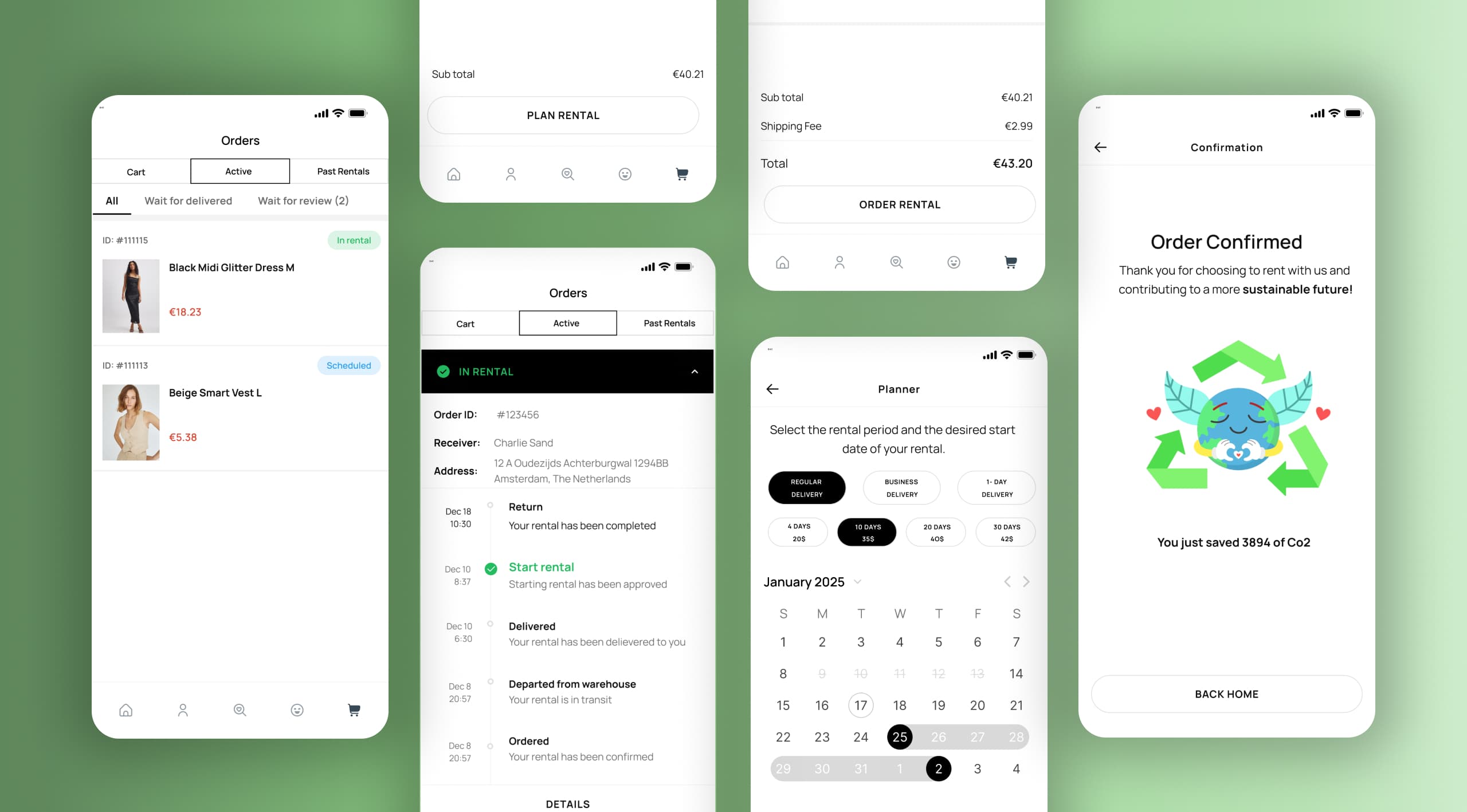 Rent-a-Trend app screens: orders, rental planner and an order confirmation with the CO₂ saved