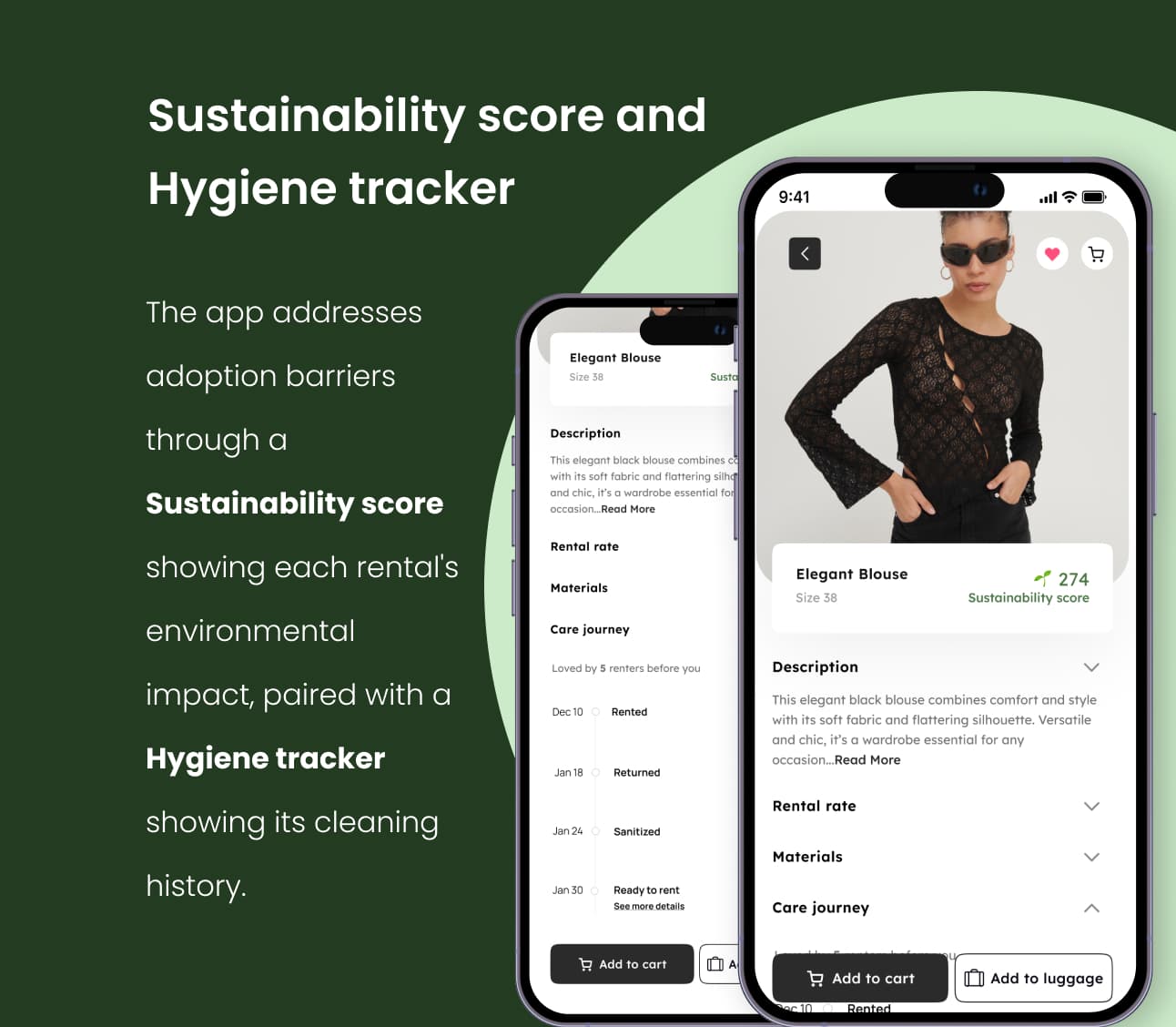 Product screens showing a sustainability score and a hygiene tracker