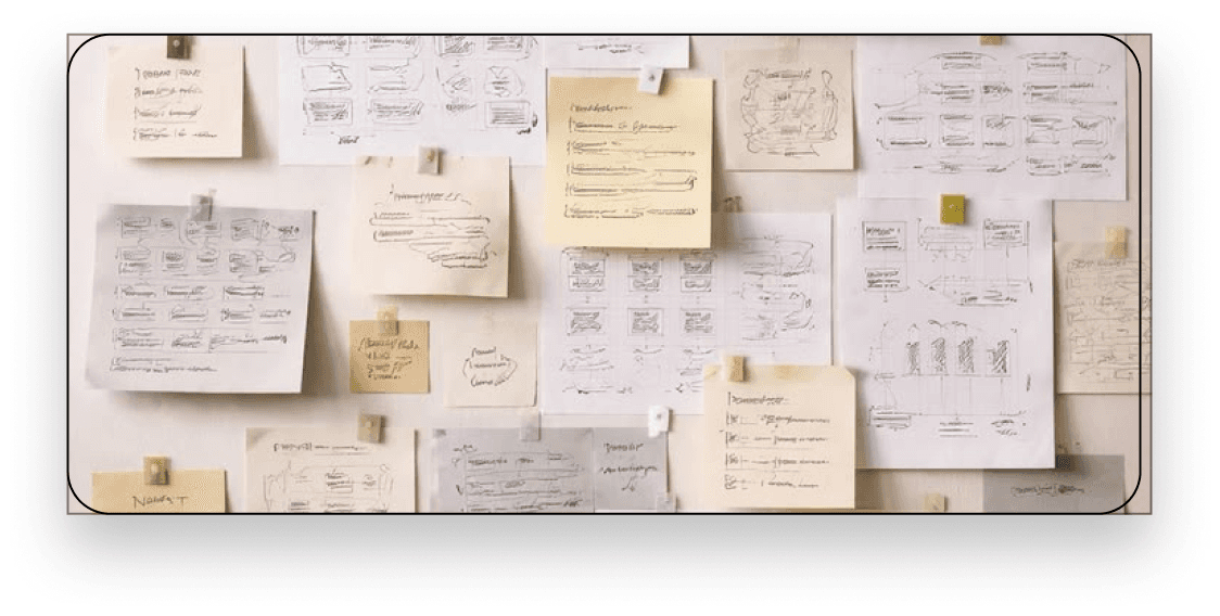 Desk research notes and printed sources pinned to a wall